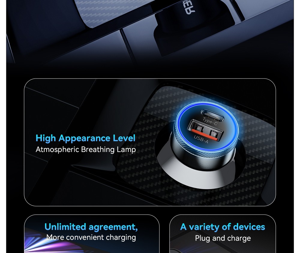 ESSAGER 54W Car Charger, USB-A+Type-C 2 Ports, PD Quick Charging, Ambient Light, Intelligent Chip - Gray