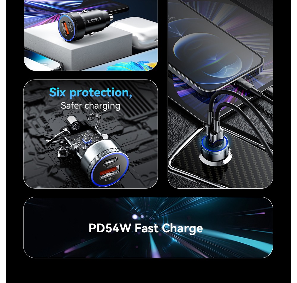 ESSAGER 54W Car Charger, USB-A+Type-C 2 Ports, PD Quick Charging, Ambient Light, Intelligent Chip - Gray