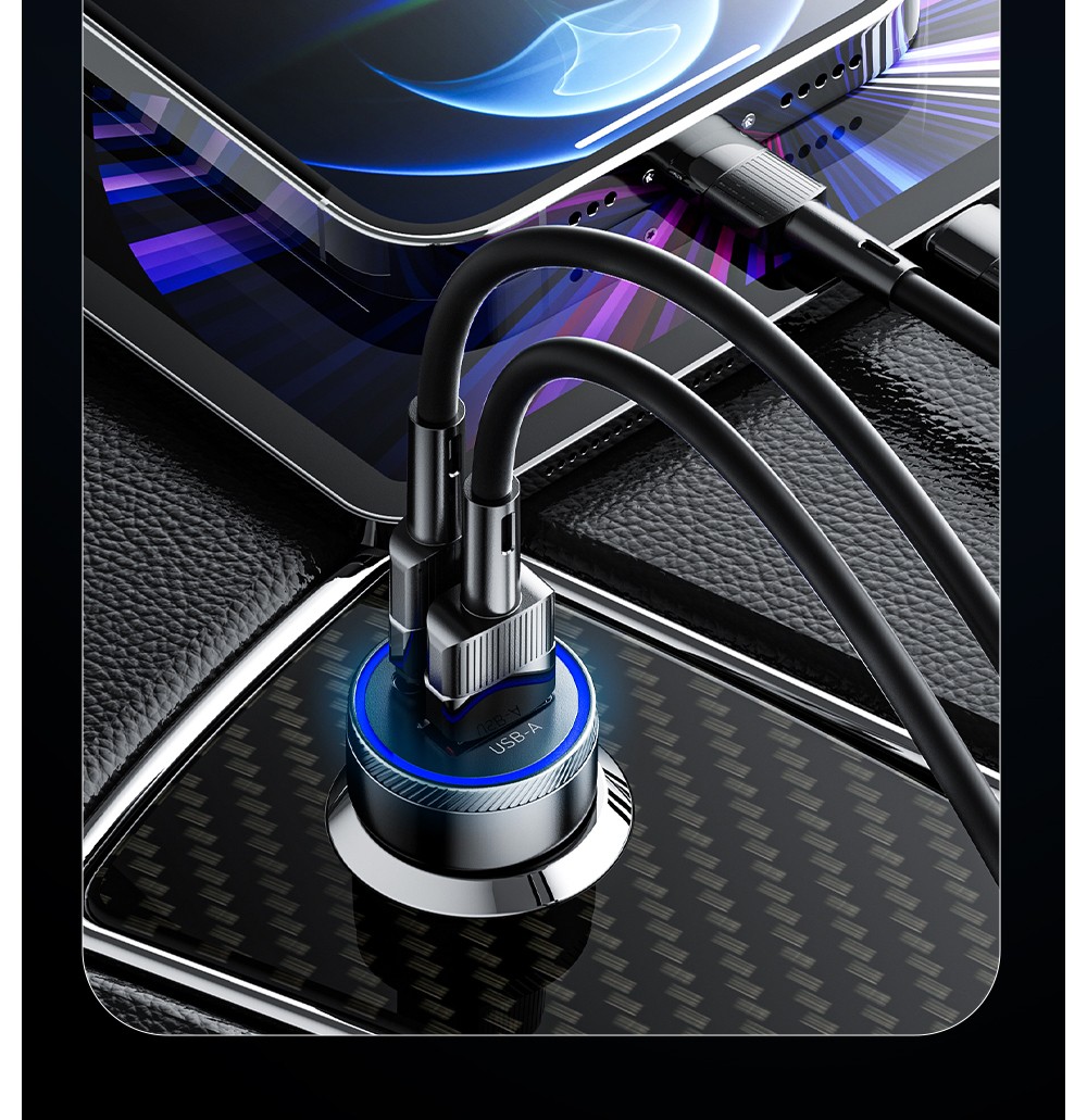 ESSAGER 54W Car Charger, USB-A+Type-C 2 Ports, PD Quick Charging, Ambient Light, Intelligent Chip - Gray