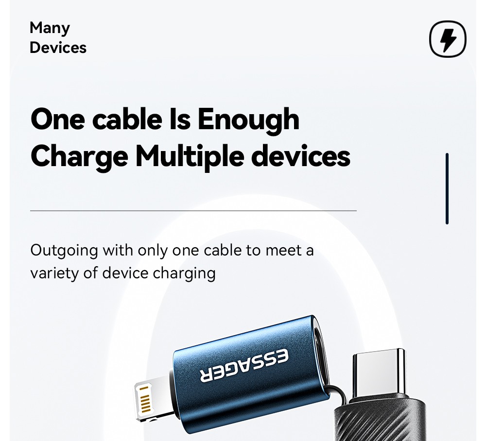 ESSAGER 65W 4 in 1 Charging Cable, USB-A/Type-C to Type-C/Lightning, 4 Charging Modes, 3A, USB2.0 480Mbps - Black