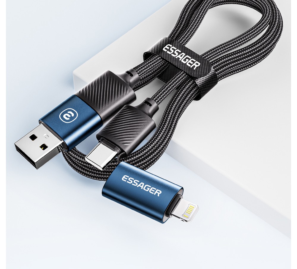ESSAGER 65W 4 in 1 Charging Cable, USB-A/Type-C to Type-C/Lightning, 4 Charging Modes, 3A, USB2.0 480Mbps - Black