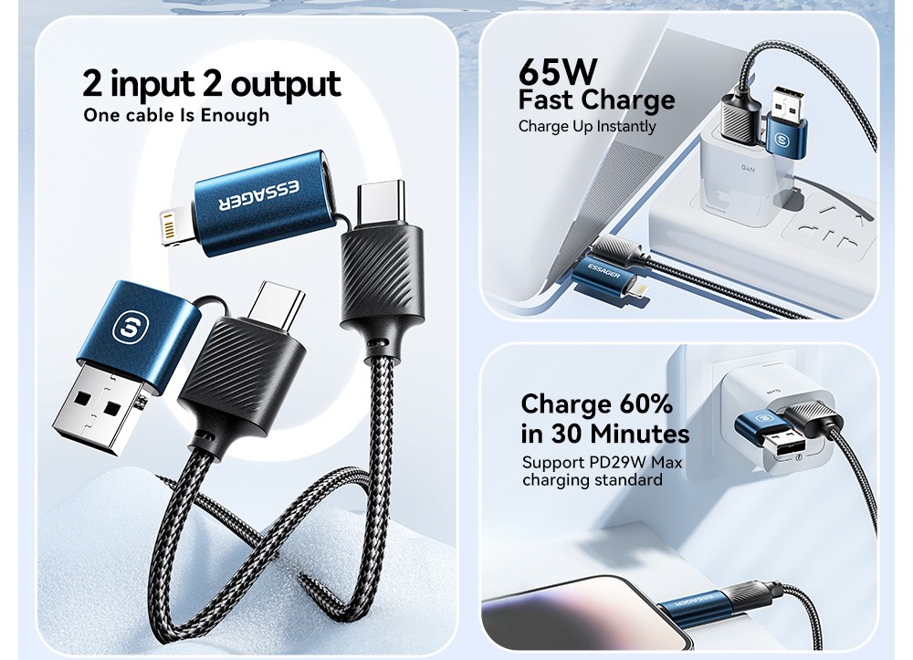 ESSAGER 65W 4 in 1 Charging Cable, USB-A/Type-C to Type-C/Lightning, 4 Charging Modes, 3A, USB2.0 480Mbps - Black