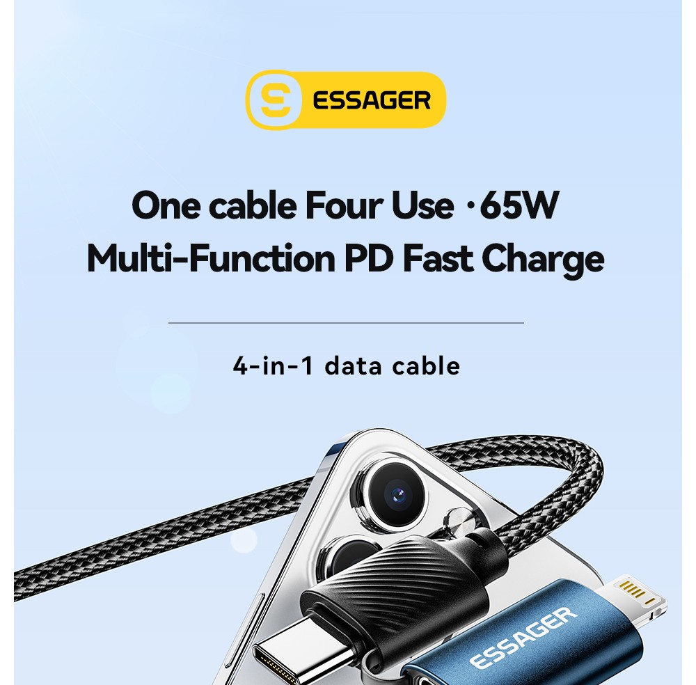ESSAGER 65W 4 in 1 Charging Cable, USB-A/Type-C to Type-C/Lightning, 4 Charging Modes, 3A, USB2.0 480Mbps - Blue