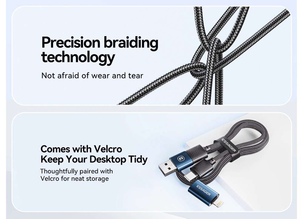 ESSAGER 65W 4 in 1 Charging Cable, USB-A/Type-C to Type-C/Lightning, 4 Charging Modes, 3A, USB2.0 480Mbps - Blue