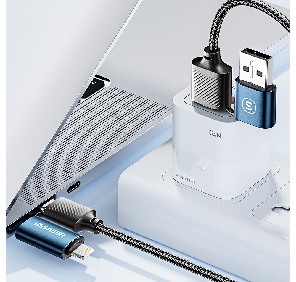 ESSAGER 65W 4 in 1 Charging Cable, USB-A/Type-C to Type-C/Lightning, 4 Charging Modes, 3A, USB2.0 480Mbps - Blue