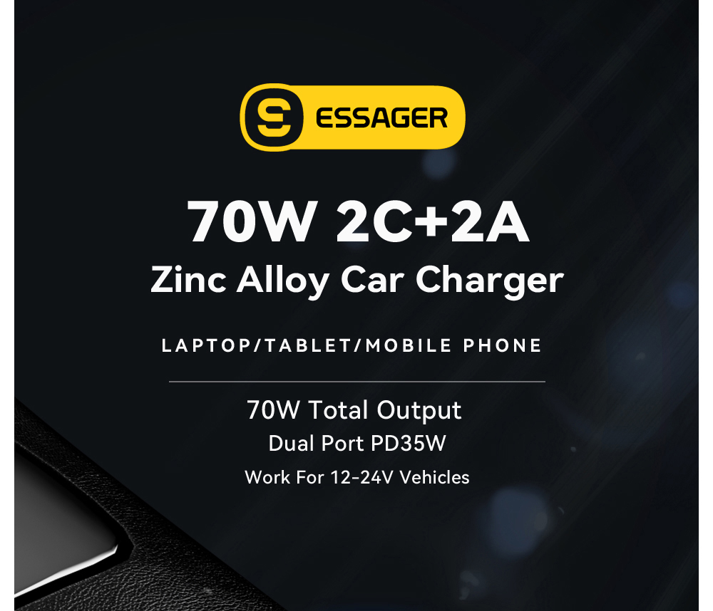 ESSAGER 70W Car Charger, 2 USB-A+2 Type-C, PD Quick Charging, with Colorful Ambient Light, for 12-24V Vehicles - Black