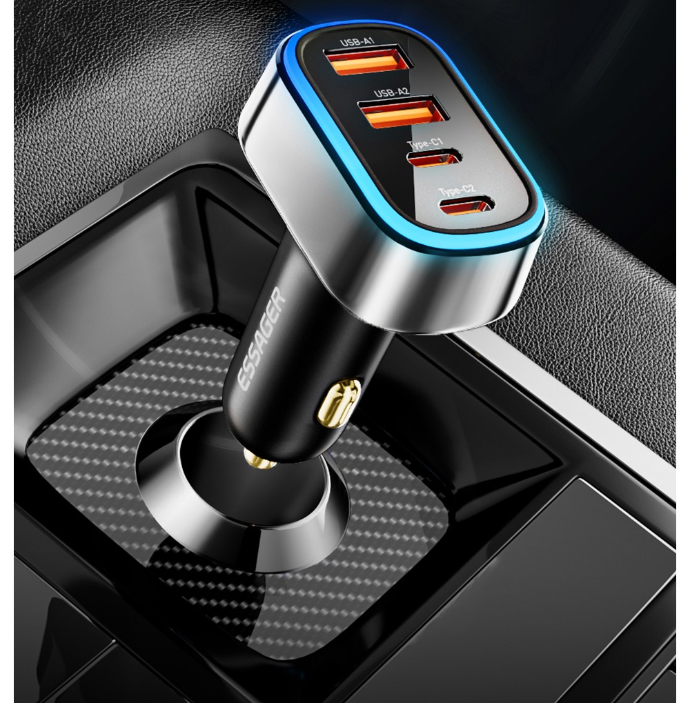 ESSAGER 70W Car Charger, 2 USB-A+2 Type-C, PD Quick Charging, with Colorful Ambient Light, for 12-24V Vehicles - Black
