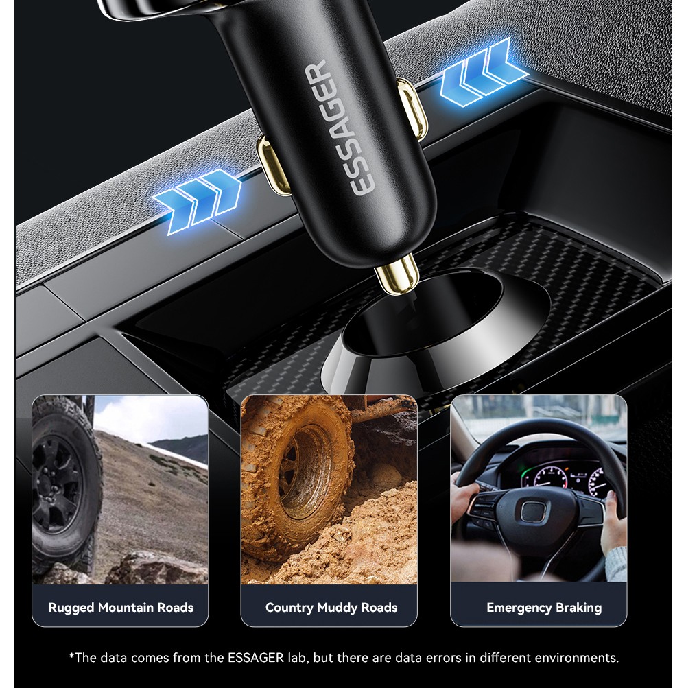 ESSAGER 70W Car Charger, 2 USB-A+2 Type-C, PD Quick Charging, with Colorful Ambient Light, for 12-24V Vehicles - Black