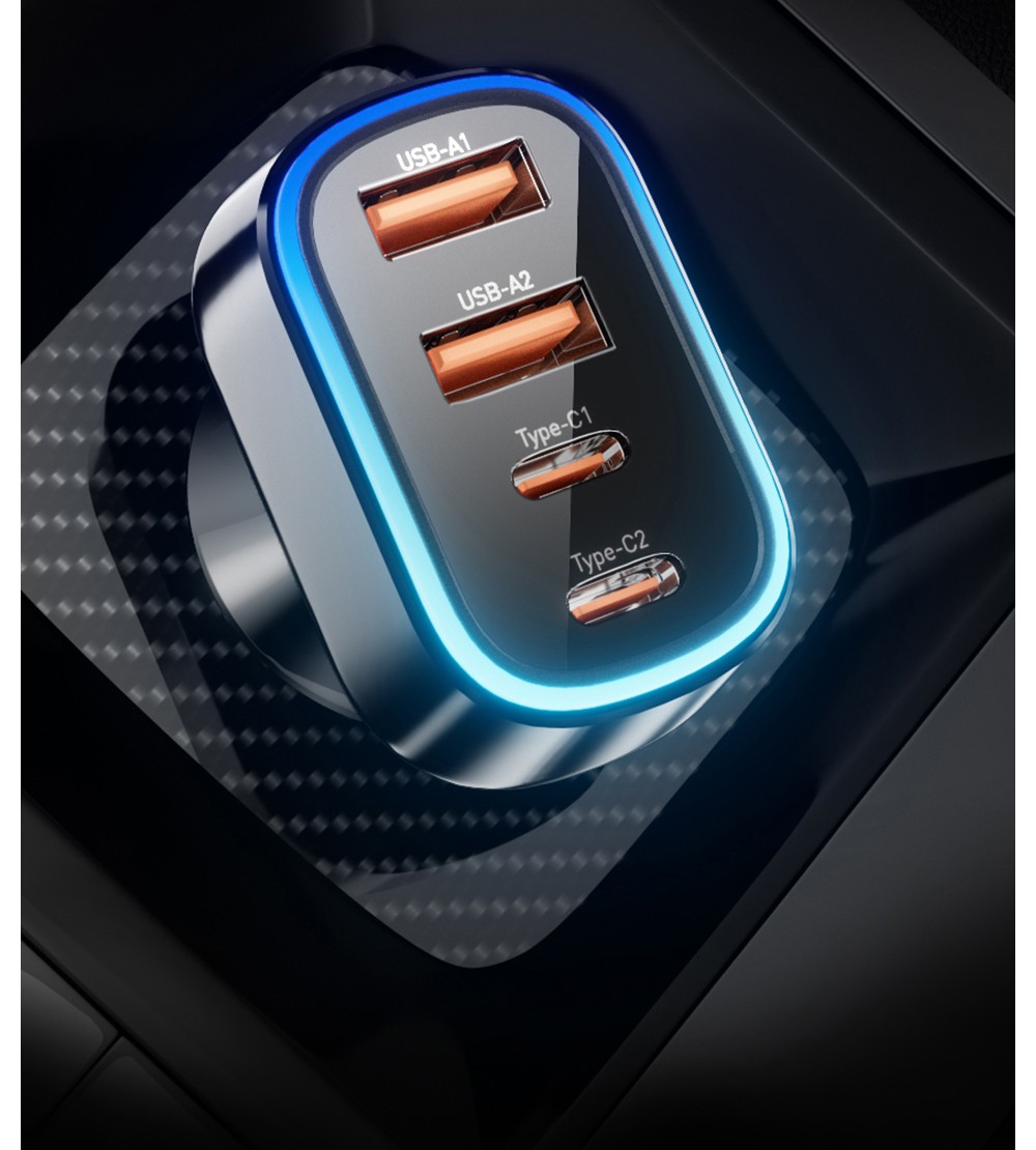 ESSAGER 70W Car Charger, 2 USB-A+2 Type-C, PD Quick Charging, with Colorful Ambient Light, for 12-24V Vehicles - Black