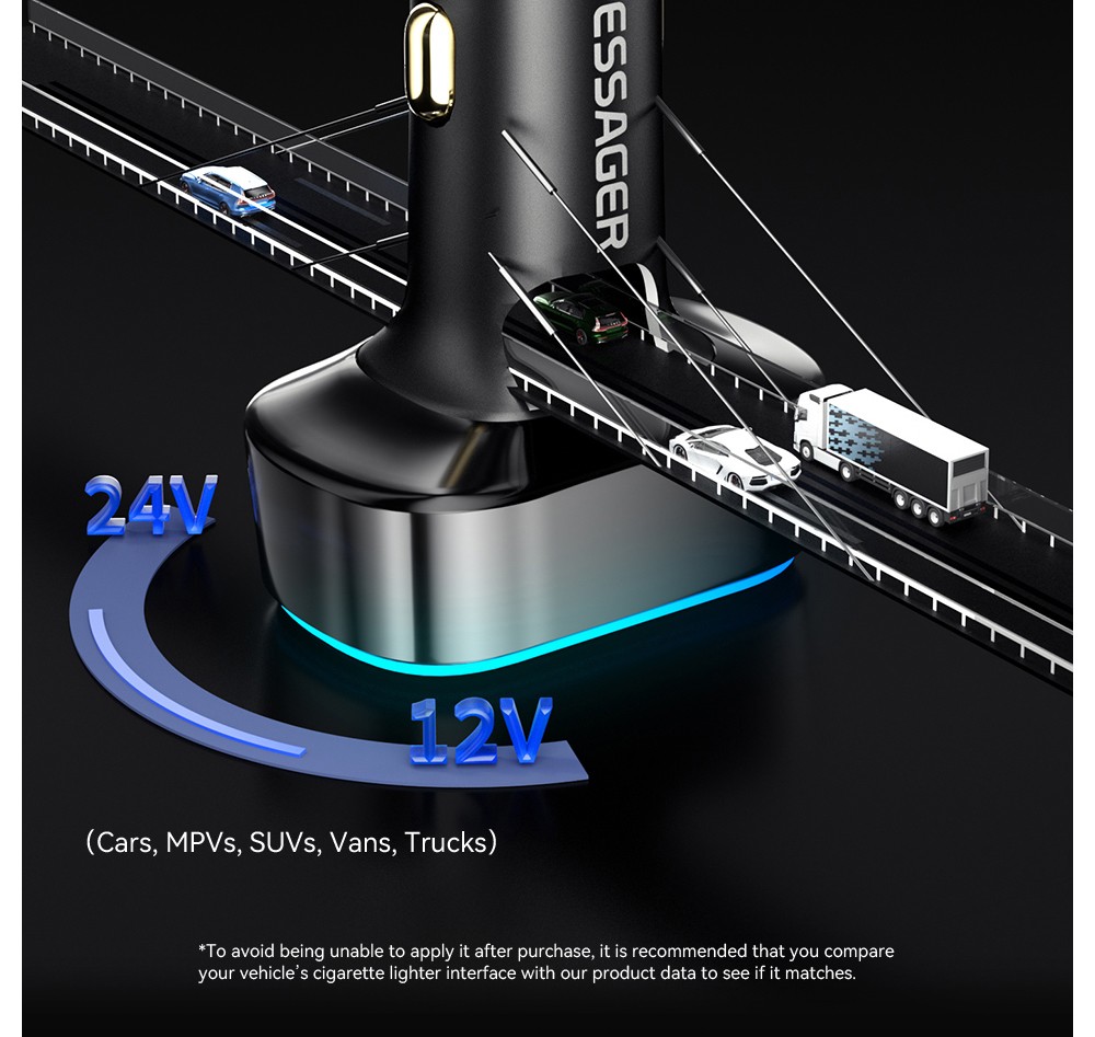 ESSAGER 70W Car Charger, 2 USB-A+2 Type-C, PD Quick Charging, with Colorful Ambient Light, for 12-24V Vehicles - Black