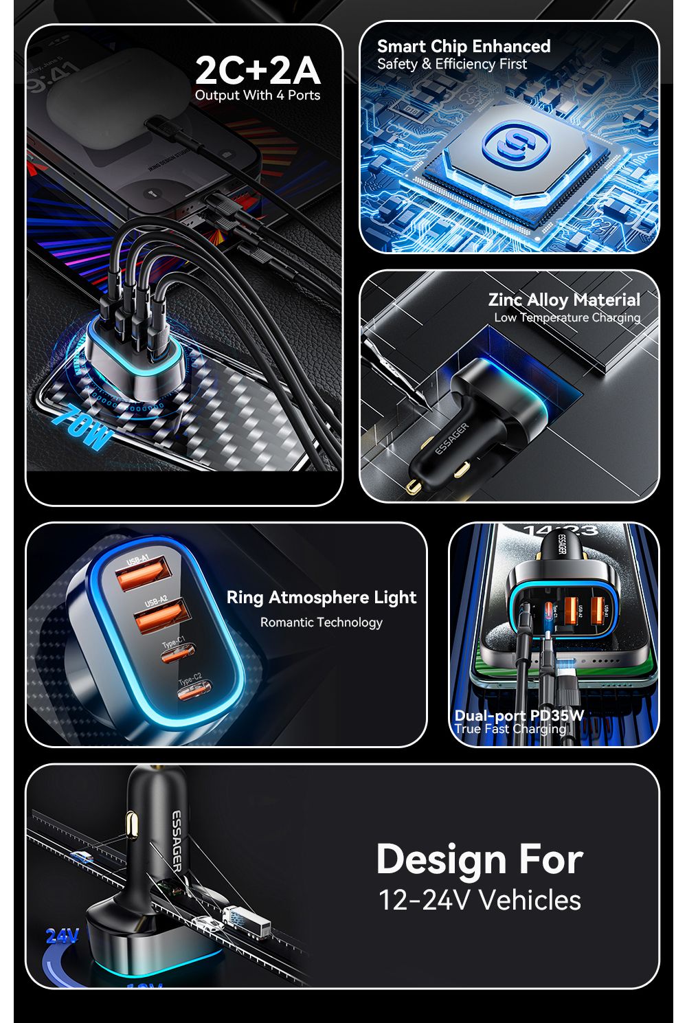 ESSAGER 70W Car Charger, 2 USB-A+2 Type-C, PD Quick Charging, with Colorful Ambient Light, for 12-24V Vehicles - Black