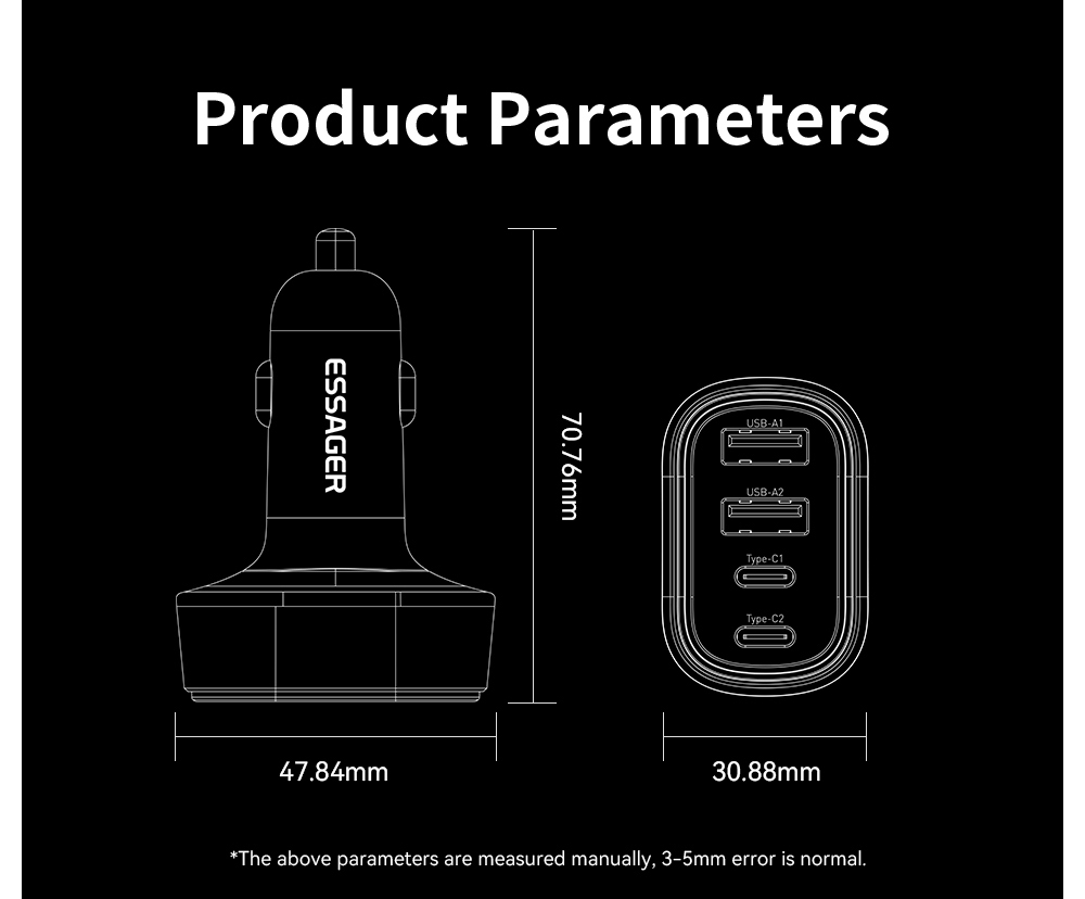ESSAGER 70W Car Charger, 2 USB-A+2 Type-C, PD Quick Charging, with Colorful Ambient Light, for 12-24V Vehicles - Black