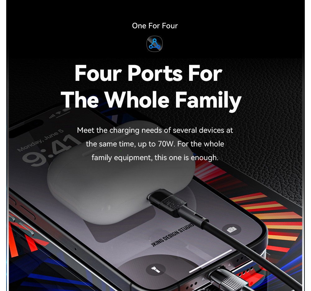 ESSAGER 70W Car Charger, 2 USB-A+2 Type-C, PD Quick Charging, with Colorful Ambient Light, for 12-24V Vehicles - Black