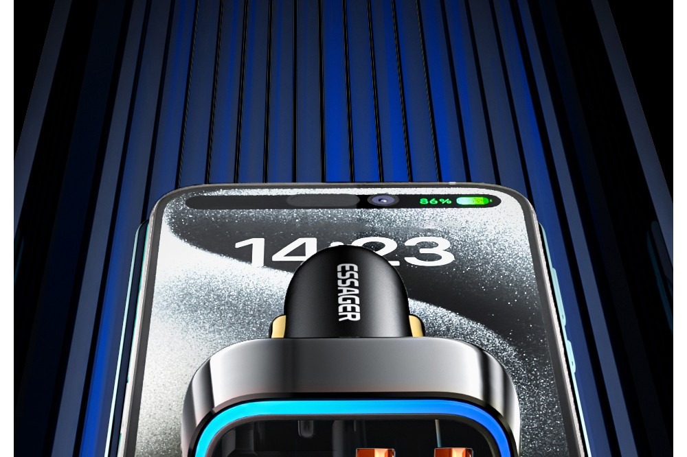 ESSAGER 70W Car Charger, 2 USB-A+2 Type-C, PD Quick Charging, with Colorful Ambient Light, for 12-24V Vehicles - Black