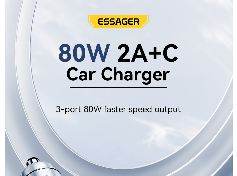 ESSAGER 80W Car Charger, Three Ports Output, 2USB-A+Type-C, Elastic Clip, Smart Chip - Gray