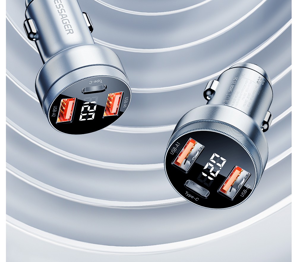 ESSAGER 80W Car Charger, Three Ports Output, 2USB-A+Type-C, Elastic Clip, Smart Chip - Gray