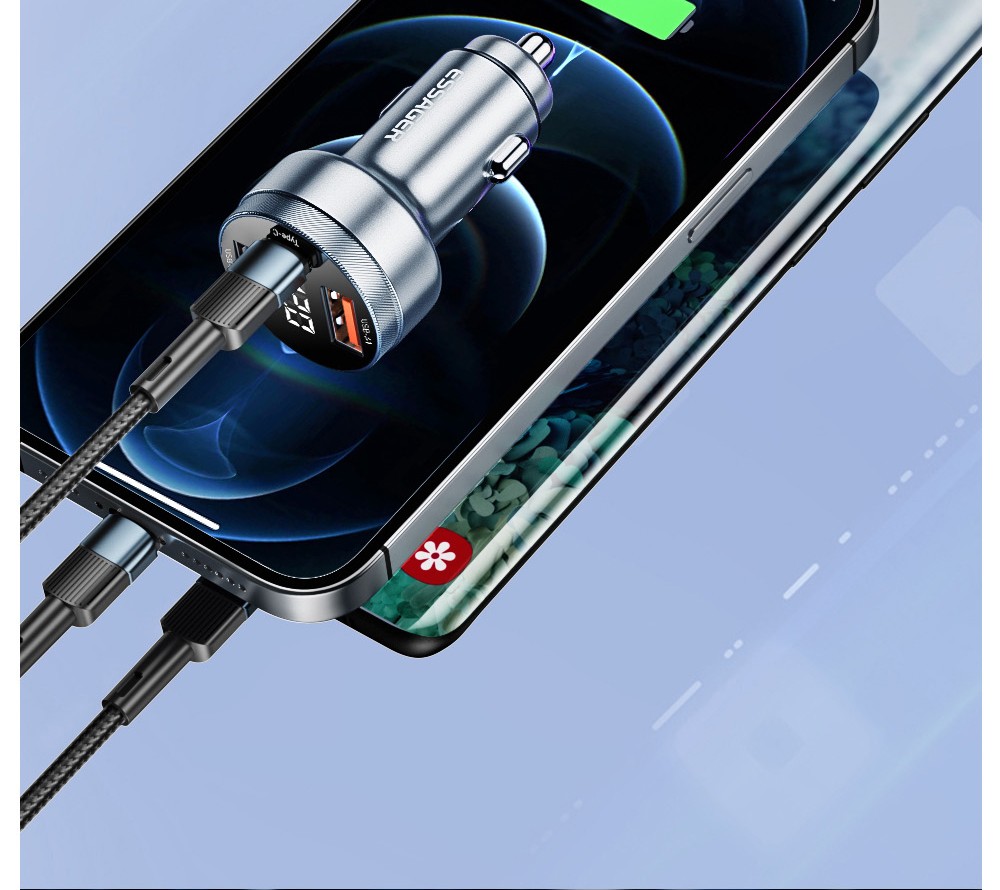ESSAGER 80W Car Charger, Three Ports Output, 2USB-A+Type-C, Elastic Clip, Smart Chip - Gray
