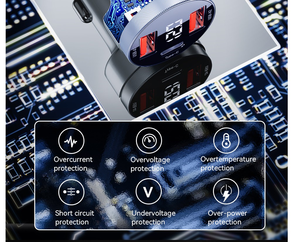 ESSAGER 80W Car Charger, Three Ports Output, 2USB-A+Type-C, Elastic Clip, Smart Chip - Gray