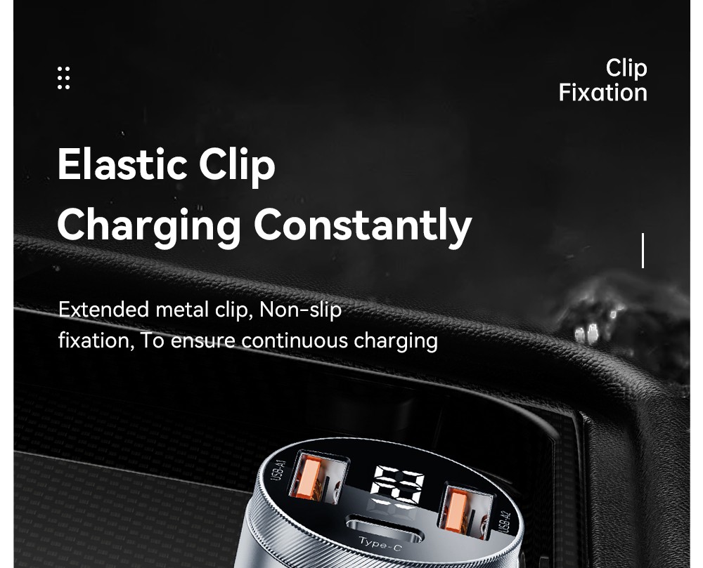 ESSAGER 80W Car Charger, Three Ports Output, 2USB-A+Type-C, Elastic Clip, Smart Chip - Gray