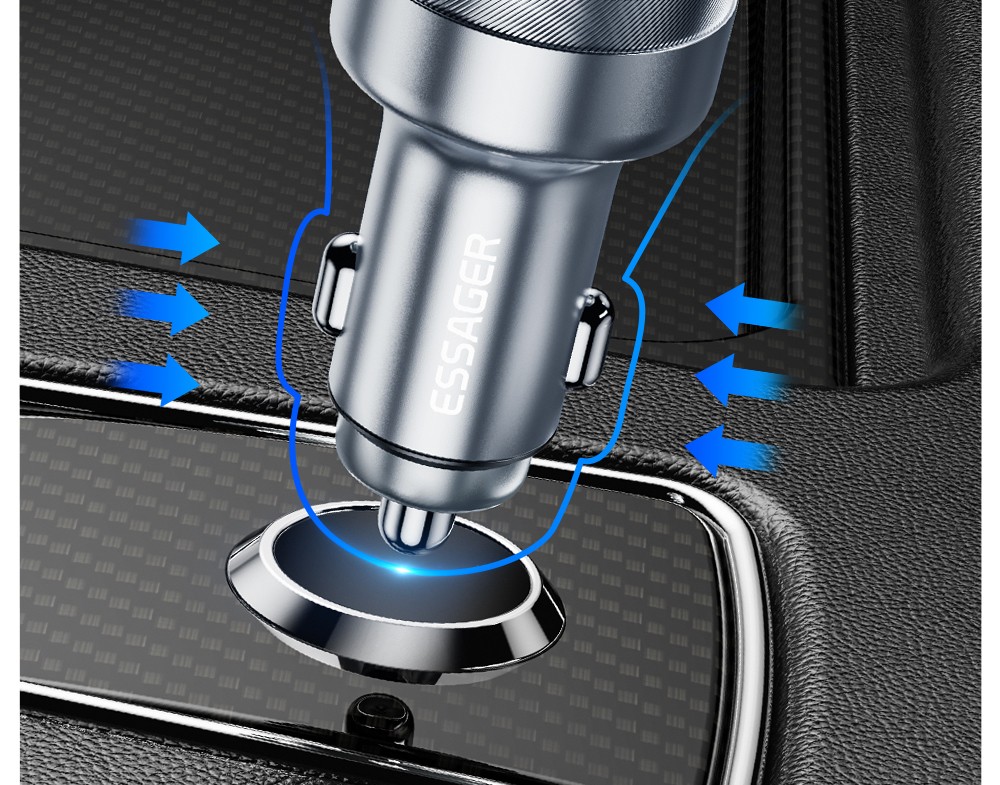 ESSAGER 80W Car Charger, Three Ports Output, 2USB-A+Type-C, Elastic Clip, Smart Chip - Gray