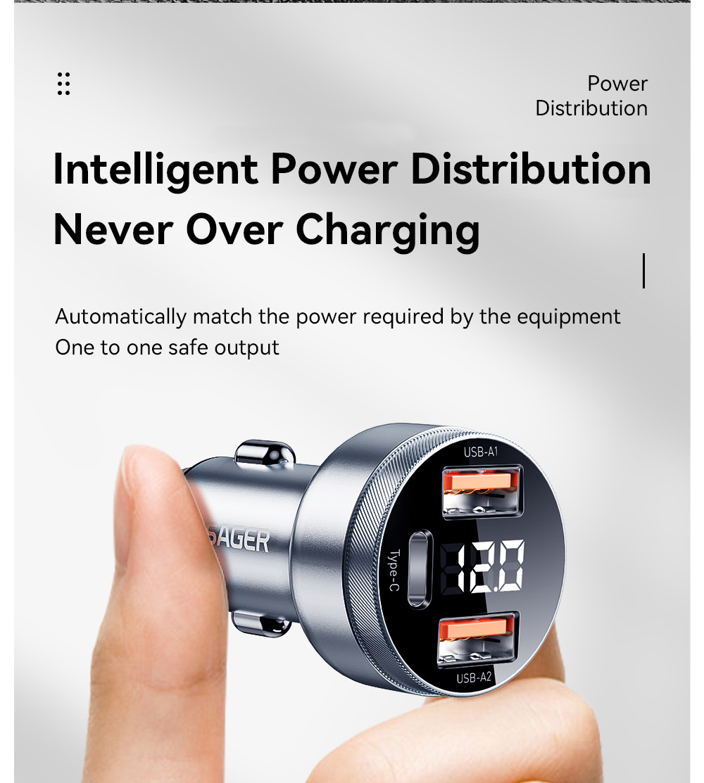 ESSAGER 80W Car Charger, Three Ports Output, 2USB-A+Type-C, Elastic Clip, Smart Chip - Gray