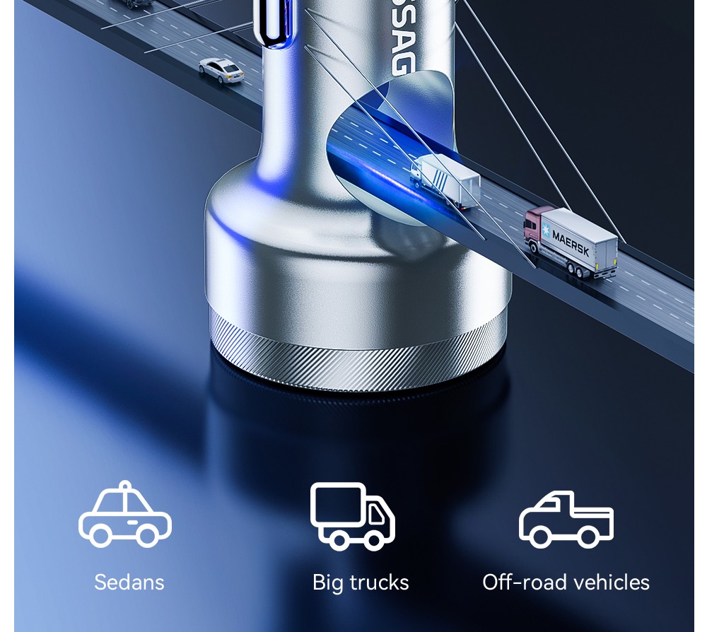 ESSAGER 80W Car Charger, Three Ports Output, 2USB-A+Type-C, Elastic Clip, Smart Chip - Gray