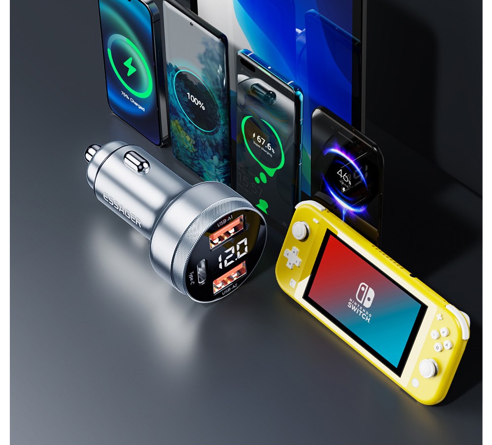 ESSAGER 80W Car Charger, Three Ports Output, 2USB-A+Type-C, Elastic Clip, Smart Chip - Gray