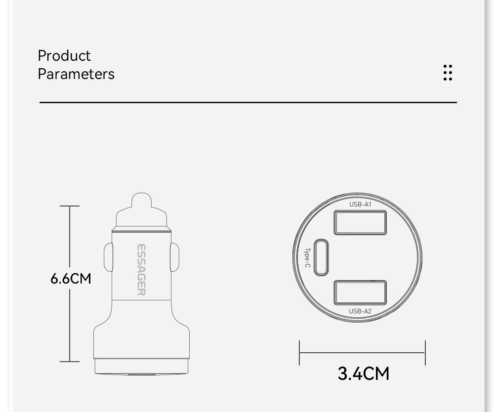 ESSAGER 80W Car Charger, Three Ports Output, 2USB-A+Type-C, Elastic Clip, Smart Chip - Gray