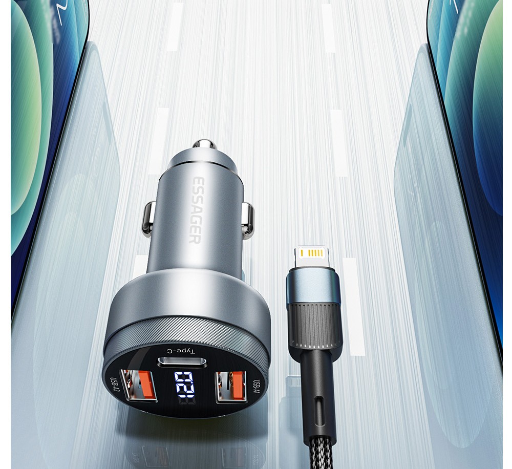 ESSAGER 80W Car Charger, Three Ports Output, 2USB-A+Type-C, Elastic Clip, Smart Chip - Gray