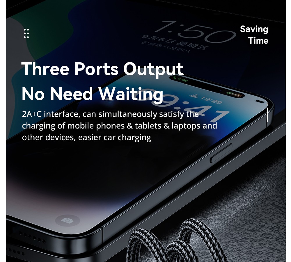 ESSAGER 80W Car Charger, Three Ports Output, 2USB-A+Type-C, Elastic Clip, Smart Chip - Gray