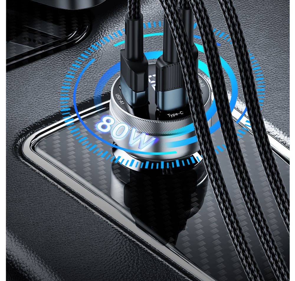 ESSAGER 80W Car Charger, Three Ports Output, 2USB-A+Type-C, Elastic Clip, Smart Chip - Gray