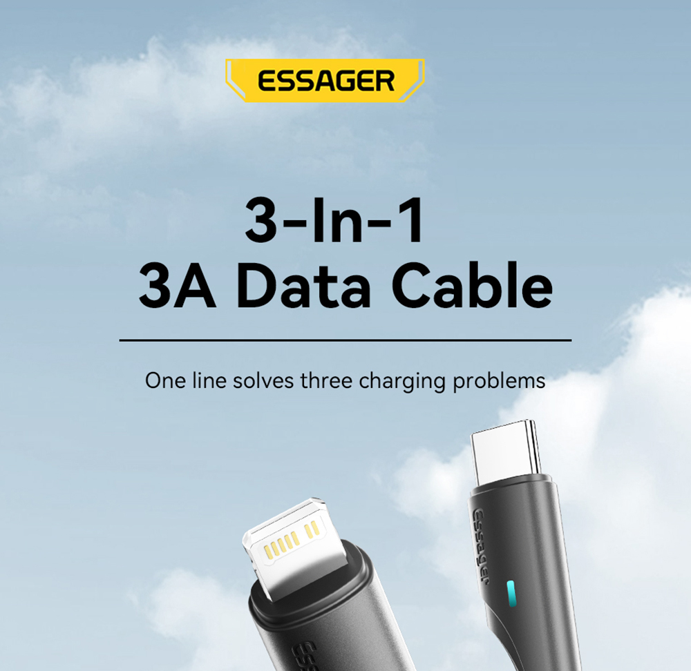 ESSAGER EXC3T-LS01-P 3 in 1 USB A to USB C Lightning Micro Charging Cable