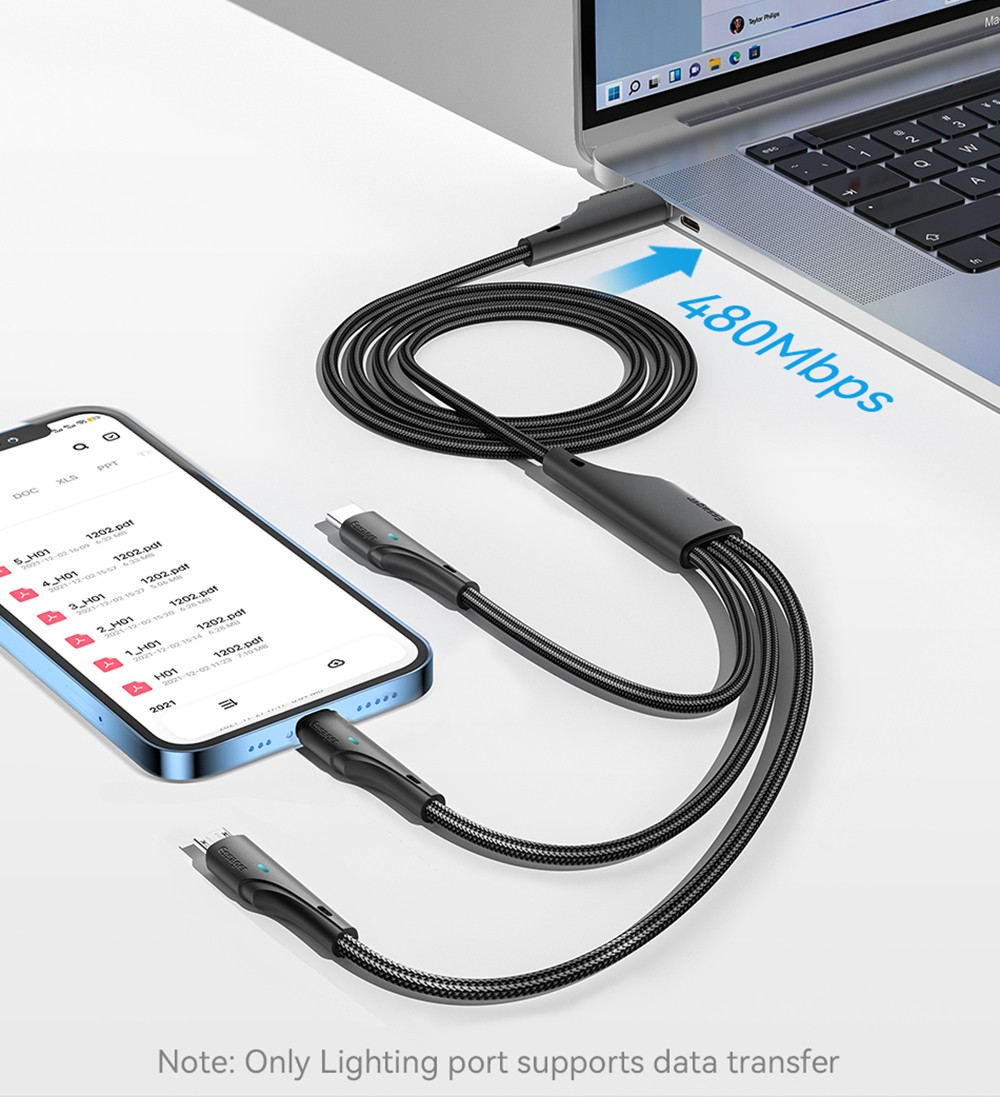 ESSAGER EXC3T-LS01-P 3 in 1 USB A to USB C Lightning Micro Charging Cable