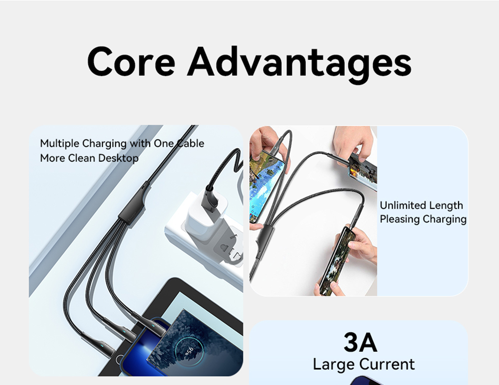ESSAGER EXC3T-LS01-P 3 in 1 USB A to USB C Lightning Micro Charging Cable