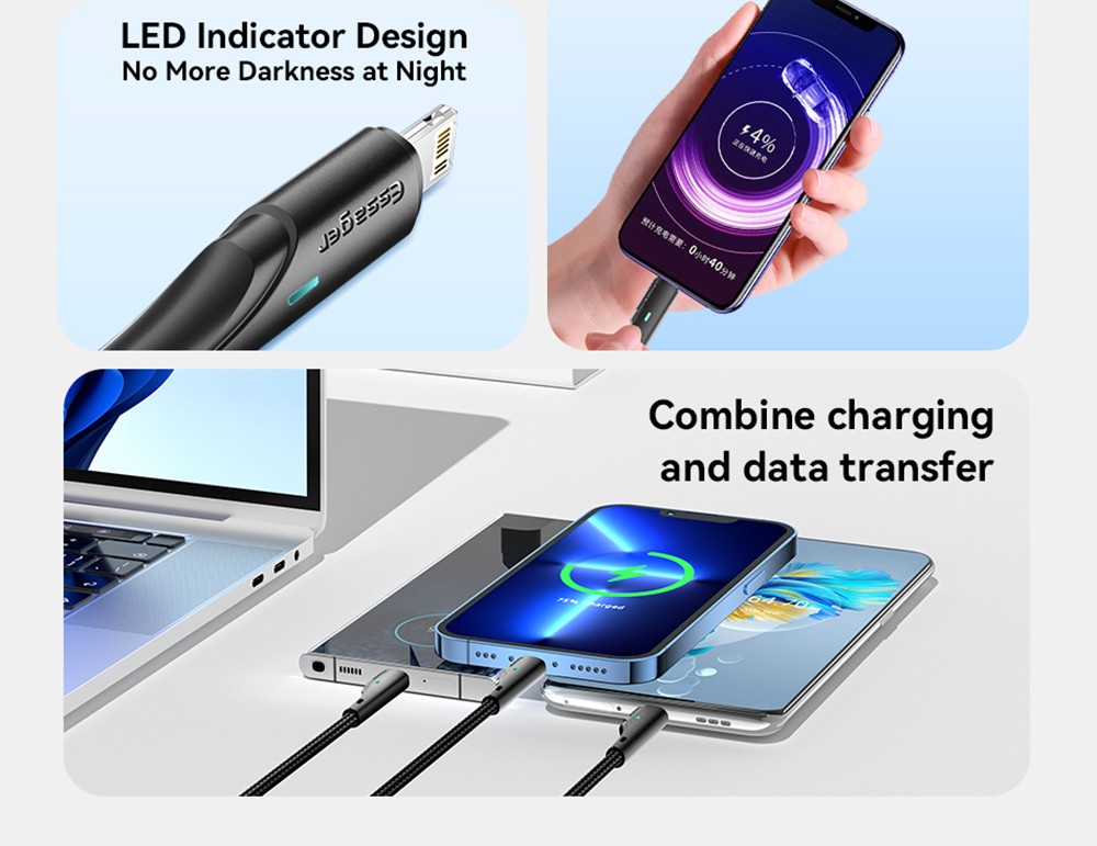 ESSAGER EXC3T-LS01-P 3 in 1 USB A to USB C Lightning Micro Charging Cable