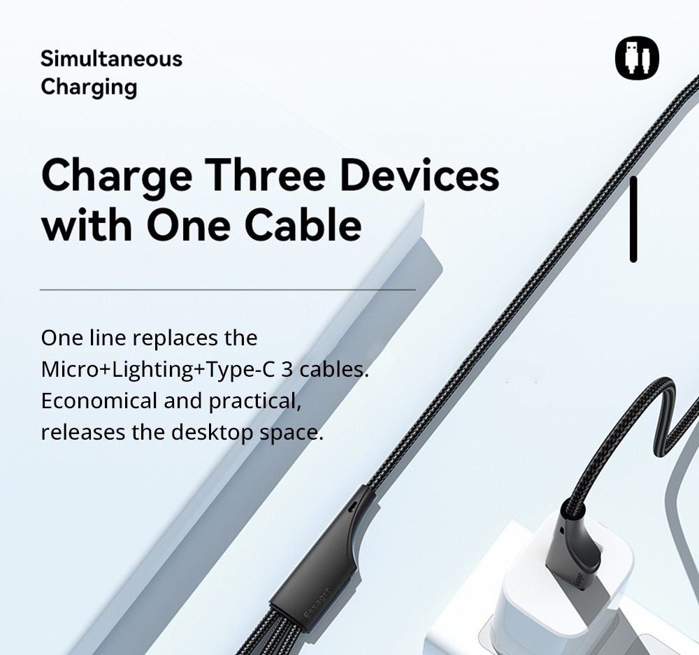 ESSAGER EXC3T-LS01-P 3 in 1 USB A to USB C Lightning Micro Charging Cable