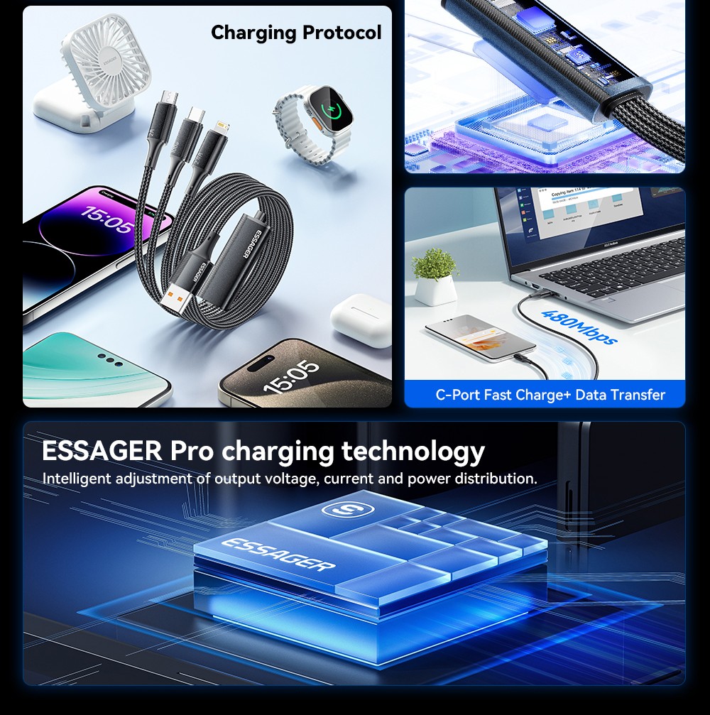 ESSAGER EXCMTL-JJ01-P 100W 3 in 1 USB Data Cable - Black