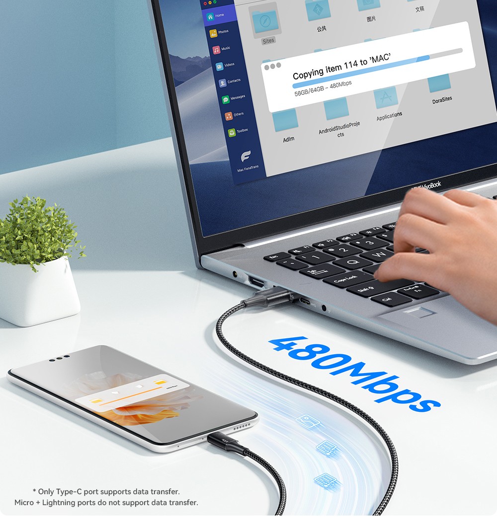 ESSAGER EXCMTL-JJ03-P 100W 3 in 1 USB Data Cable - Blue