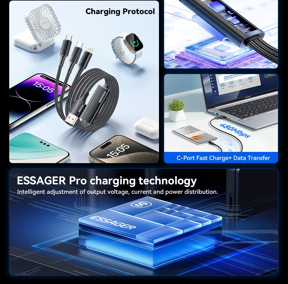 ESSAGER EXCMTL-JJ03-P 100W 3 in 1 USB Data Cable - Blue