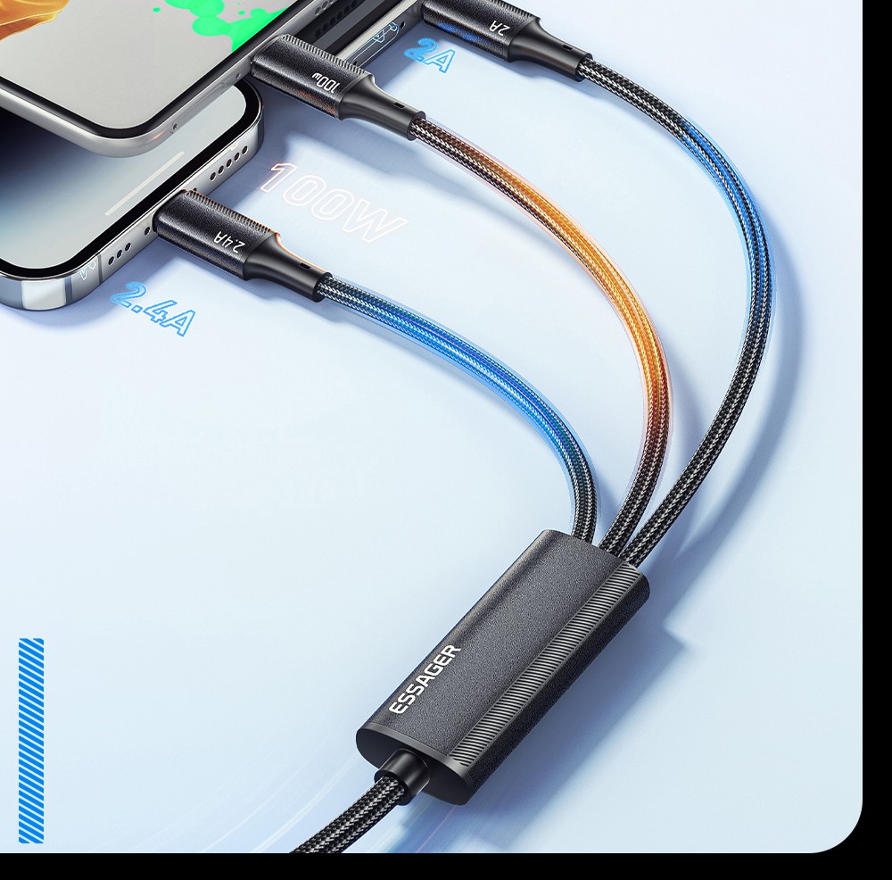 ESSAGER EXCMTL-JJ03-P 100W 3 in 1 USB Data Cable - Blue