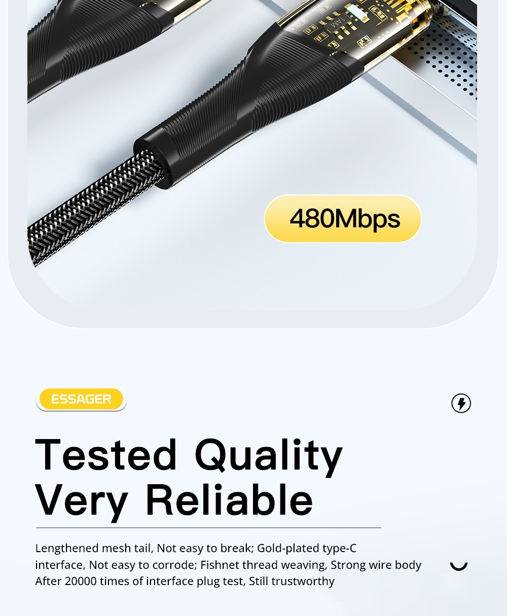 ESSAGER PD 100W 5A Type C to Type C Charging Cable with LED Light, Support Data Transform, 1m