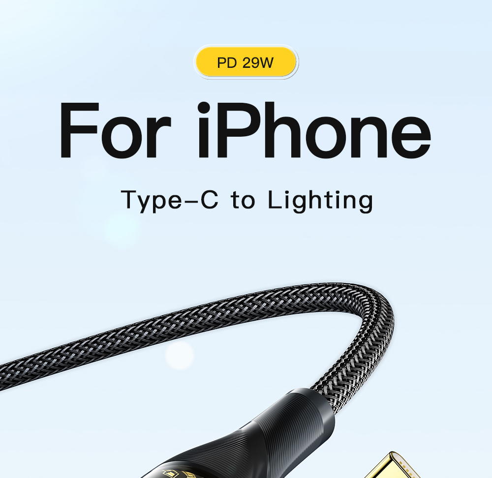 ESSAGER PD 30W Type C to Lightning Charging Cable with LED Light, Transparent Design, USB2.0 480Mbps, Fishnet Thread Weaving, 2m - Black