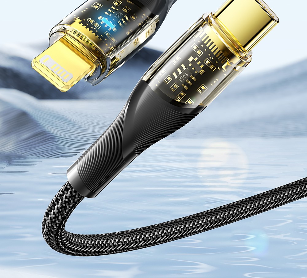 ESSAGER PD 30W Type C to Lightning Charging Cable with LED Light, Transparent Design, USB2.0 480Mbps, Fishnet Thread Weaving, 2m - Black