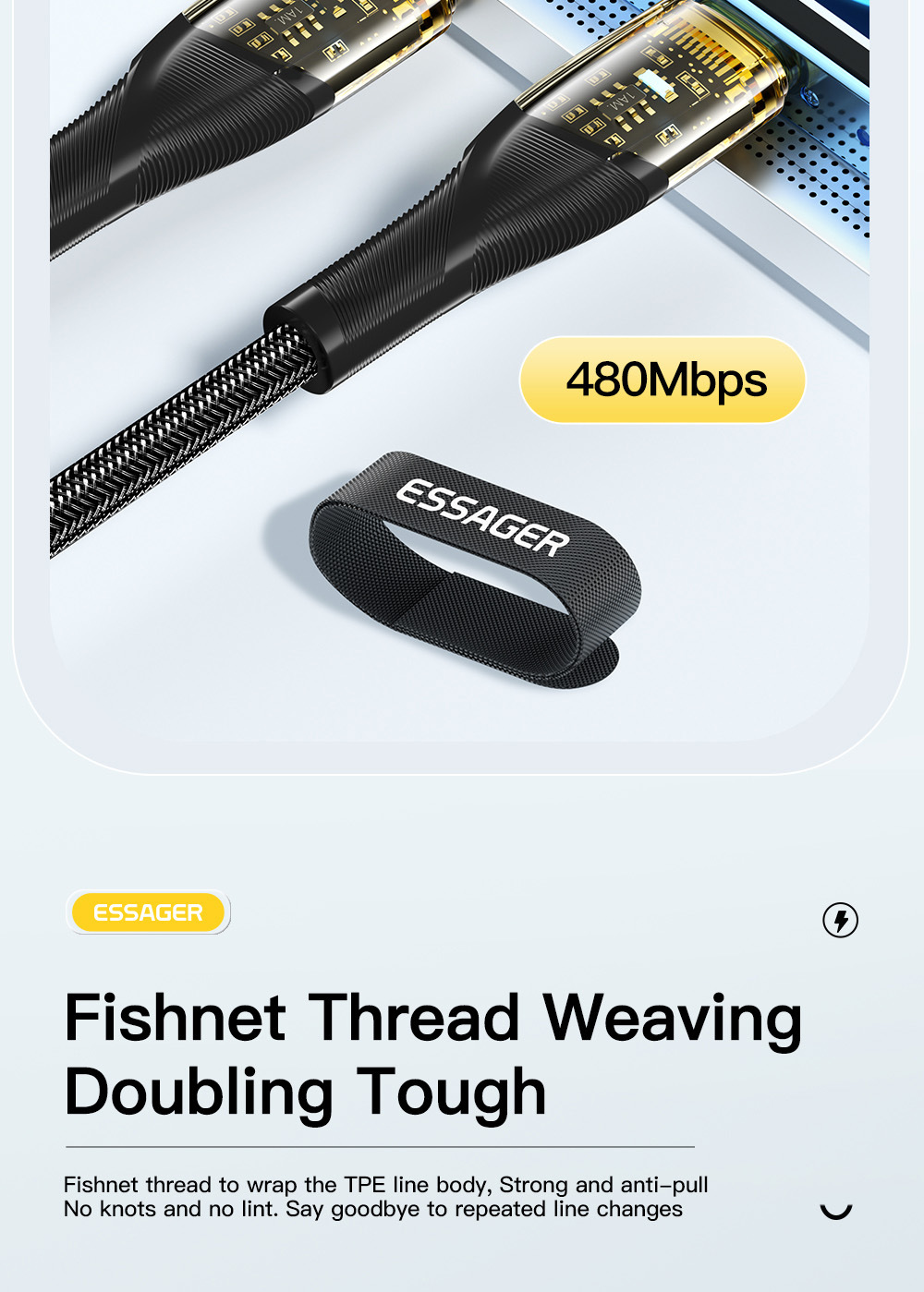 ESSAGER PD 30W Type C to Lightning Charging Cable with LED Light, Transparent Design, USB2.0 480Mbps, Fishnet Thread Weaving, 2m - Black
