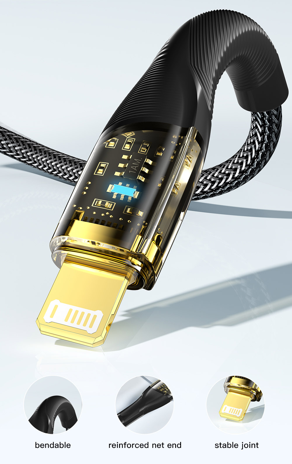 ESSAGER PD 30W Type C to Lightning Charging Cable with LED Light, Transparent Design, USB2.0 480Mbps, Fishnet Thread Weaving, 2m - Black