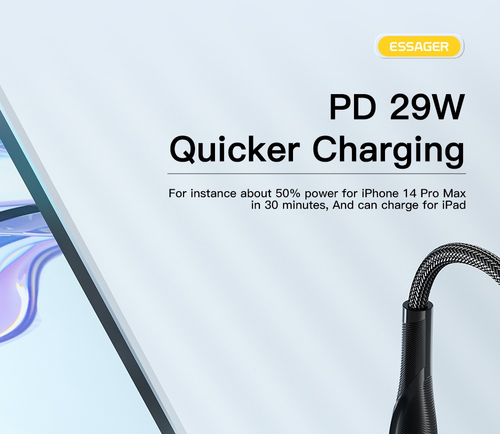 ESSAGER PD 30W Type C to Lightning Charging Cable with LED Light, Transparent Design, USB2.0 480Mbps, Fishnet Thread Weaving, 2m - Black