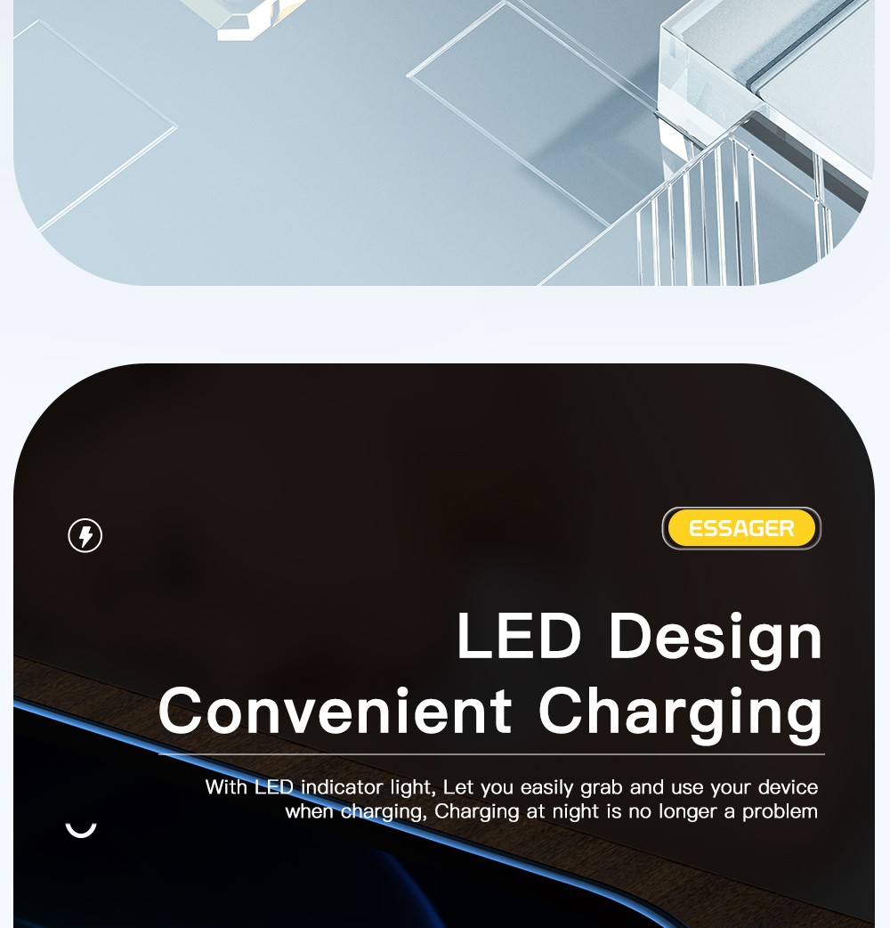 ESSAGER PD 30W Type C to Lightning Charging Cable with LED Light, Transparent Design, USB2.0 480Mbps, Fishnet Thread Weaving, 2m - Black