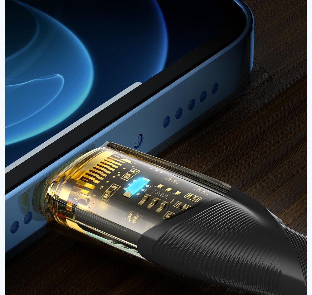 ESSAGER PD 30W Type C to Lightning Charging Cable with LED Light, Transparent Design, USB2.0 480Mbps, Fishnet Thread Weaving, 2m - Black