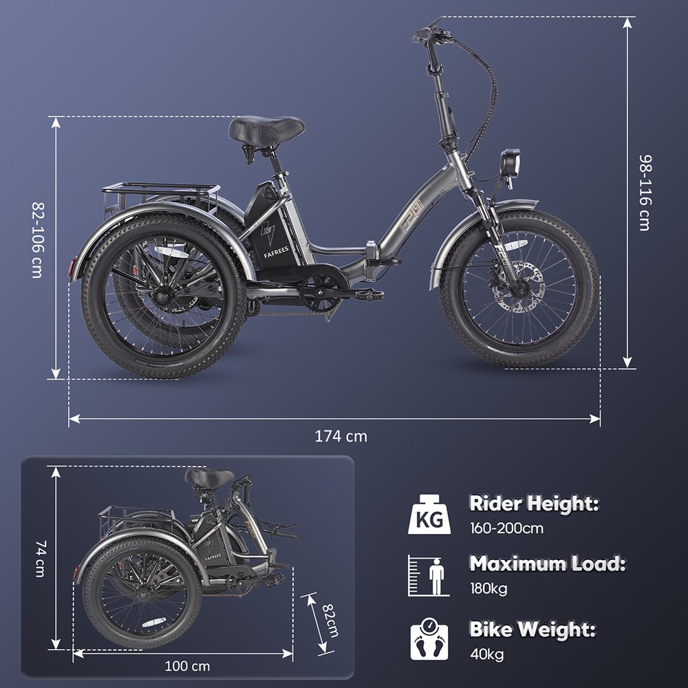 FAFREES F20 Mate Electric Tricycle, 500W Brushless Motor, 48V/18.2Ah Battery, 20*3.0-inch Fat Tires, 25km/h Max Speed, 110km Max Range, Hydraulic Disc Brakes - Grey