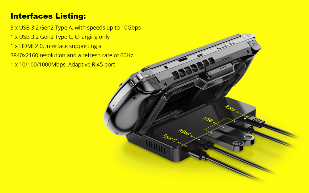 GPD Win 4 (2024) 6-inch Handheld Game Laptop, AMD Ryzen 7 8840U, 8 Cores Up to 5.1GHz, 32GB RAM 2TB SSD, WiFi 6 Bluetooth 5.2, 1*USB 4 1*Full-featured USB-C 1*Charing Only USB-C 1*Oculink 3*USB 3.2 1*HDMI 1*MicroSD Slot 1*RJ45 - EU Plug
